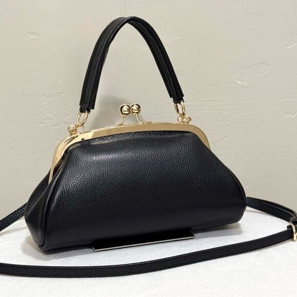 Black Pebble Cowhide Handmade Vintage Style Kisslock Handbag with 3 Strap Styles - Picture 1 of 17